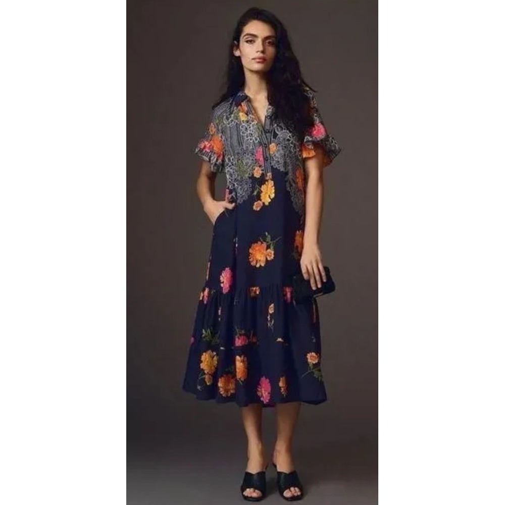 Anthropologie Size Small Mixed Floral Ruffle Maxi Dress Blue Motif Lined Pockets